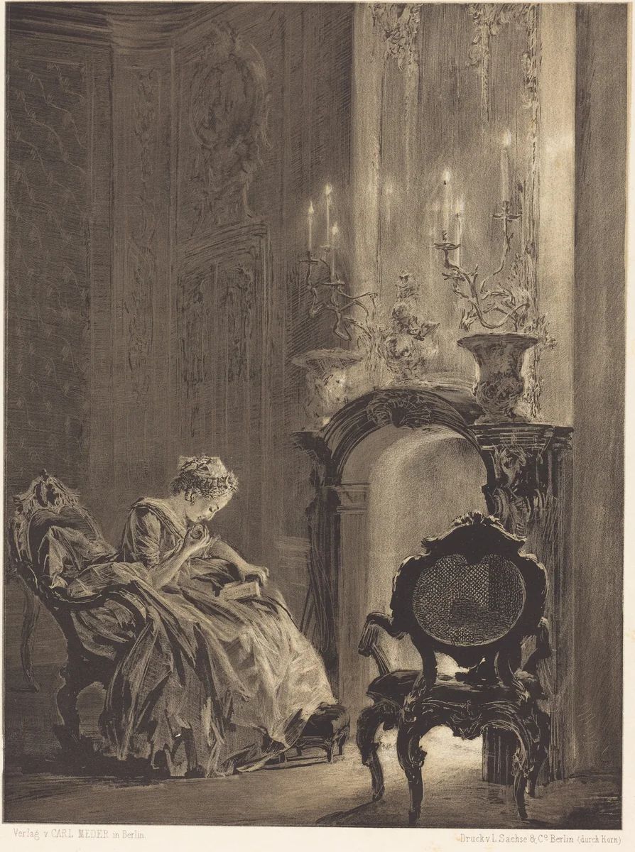 Woman before a Fire by Adolph Menzel, print, 1851