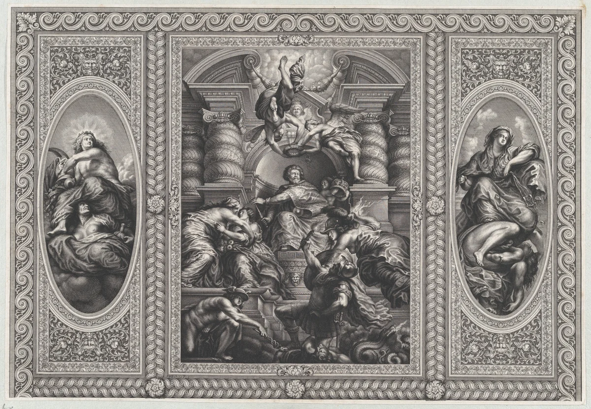 James I appointing Charles as King of Scotland at center, Minerva spearing Ignorance at right, and Hercules beating Envy at left by Simon Gribelin II, print, 1720