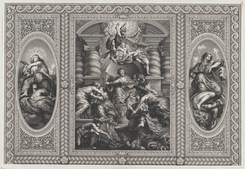 James I appointing Charles as King of Scotland at center, Minerva spearing Ignorance at right, and Hercules beating Envy at left by Simon Gribelin II, print, 1720