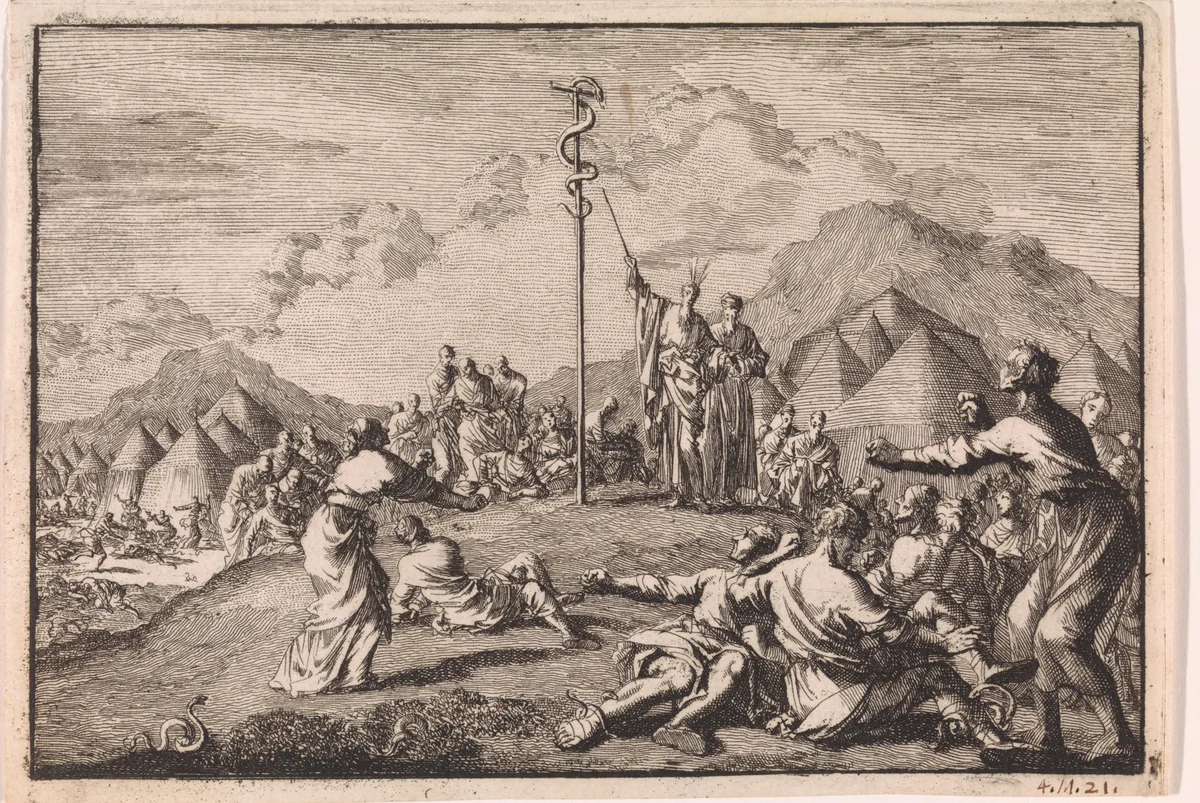 Oprichting van de koperen slang by Jan Luyken, print, 1703