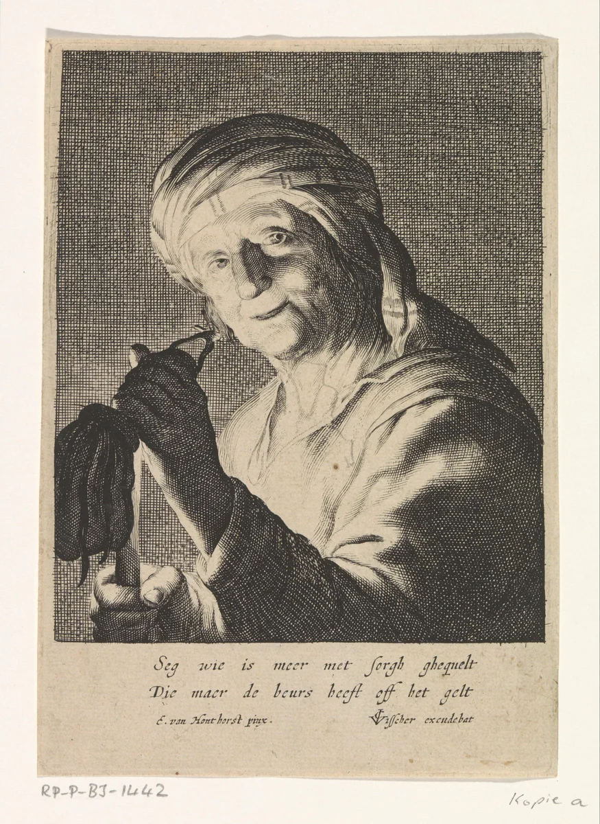 Vrouw met lege beurs by anonymous, print, 1625-1675