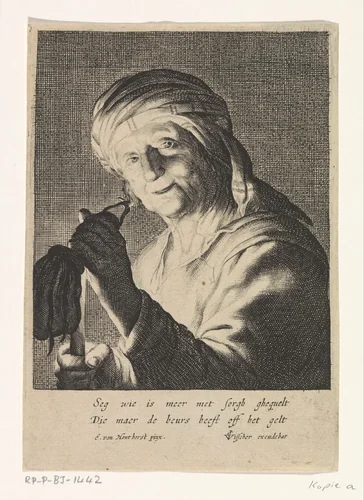 Vrouw met lege beurs by anonymous, print, 1625-1675