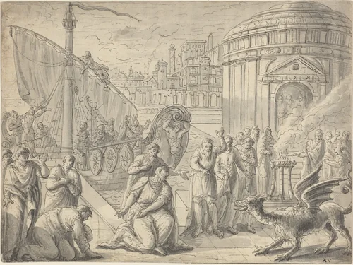 The Arrival of Aesculapius in Rome by François Boitard, drawing, 1700