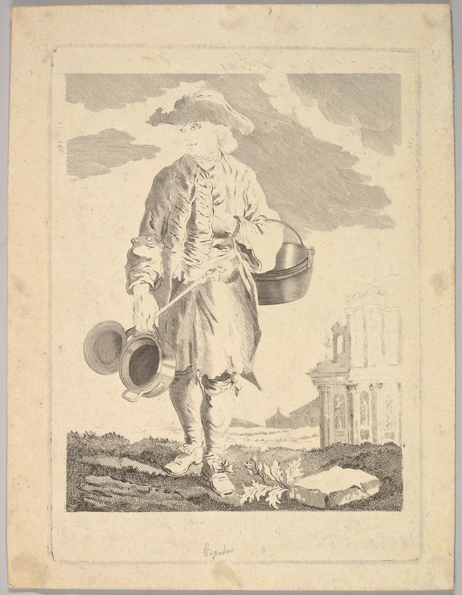 Standing man holding kettles by anonymous, print, 1720-1800
