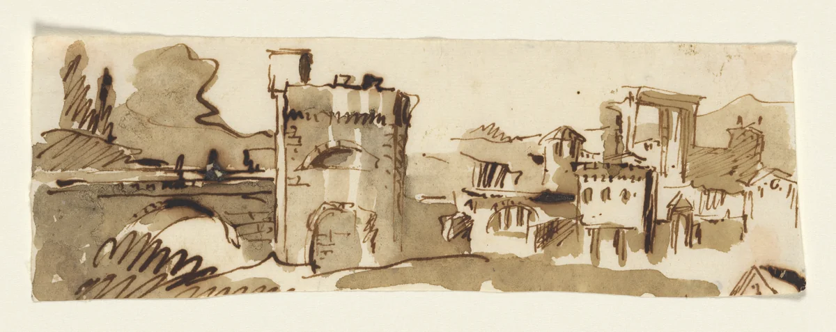 View of a Town with a Fortified Bridge by Giovanni Battista Tiepolo, drawing, 1754-1762