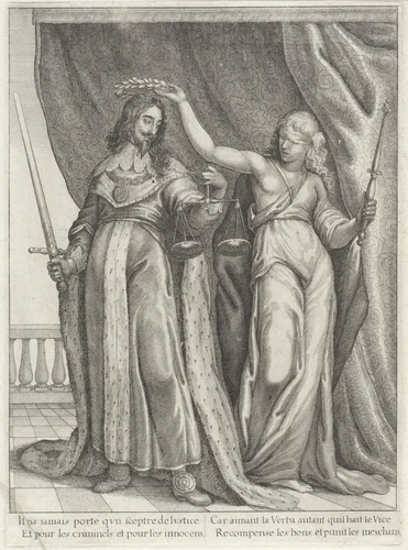 Koning Karel I van Engeland gelauwerd door Justitia by Wenceslaus Hollar, print, 1639
