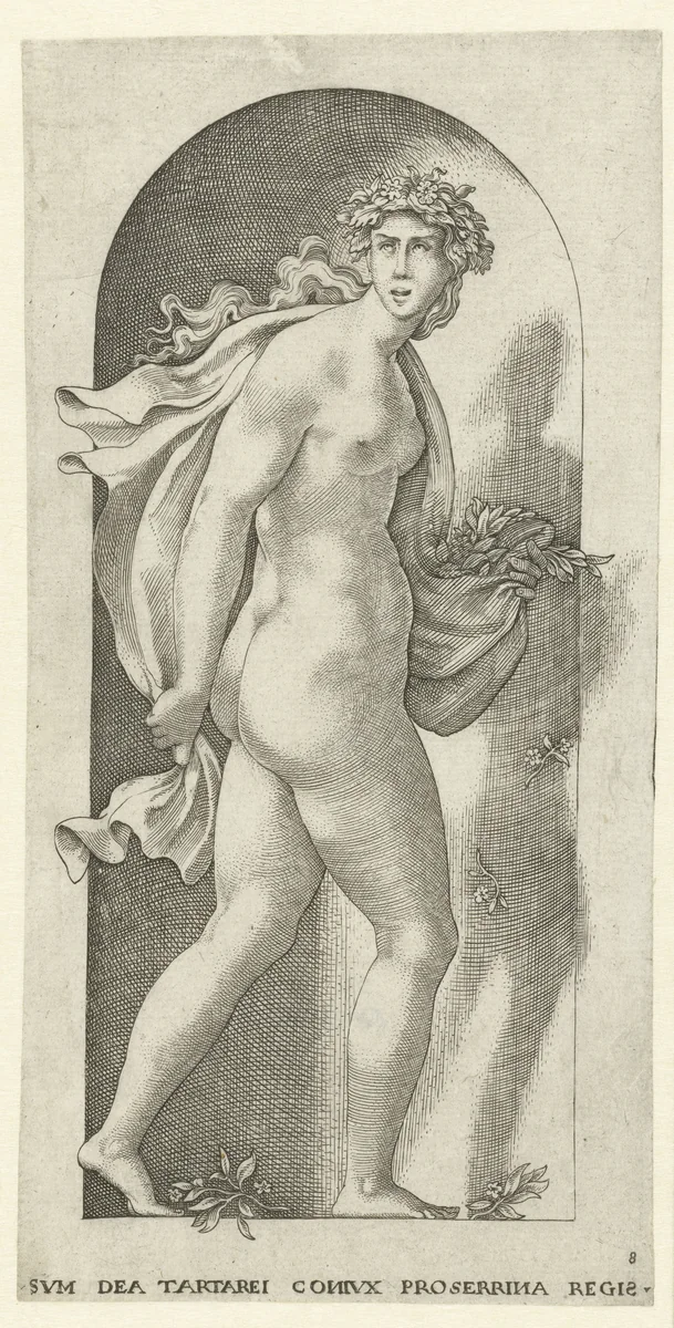 Proserpina met bloemen by Jacob Binck, print, 1530