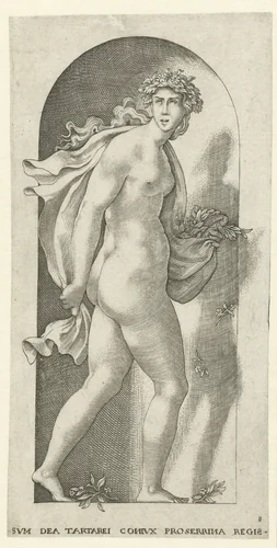 Proserpina met bloemen by Jacob Binck, print, 1530