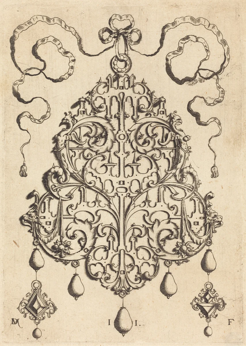 Large Strapwork Pendant with Two Hangers as Earrings at Left and Right by Daniel Mignot, print, 1516-1653