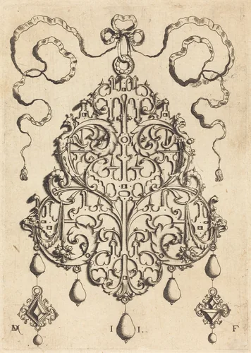 Large Strapwork Pendant with Two Hangers as Earrings at Left and Right by Daniel Mignot, print, 1516-1653
