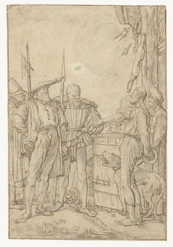 Baljuw tracht de koe te kopen by Willem Pietersz Buytewech, drawing, 1619