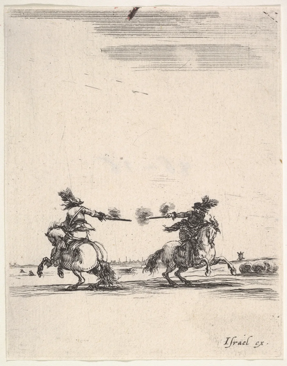 Two horsemen dueling with pistols, one seen from behind riding towards the left, one riding towards right, from "Various cavalry exercises" (Diverses exercices de cavalerie) by Stefano della Bella, print, 1642-1645