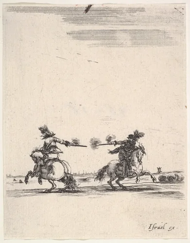 Two horsemen dueling with pistols, one seen from behind riding towards the left, one riding towards right, from "Various cavalry exercises" (Diverses exercices de cavalerie) by Stefano della Bella, print, 1642-1645