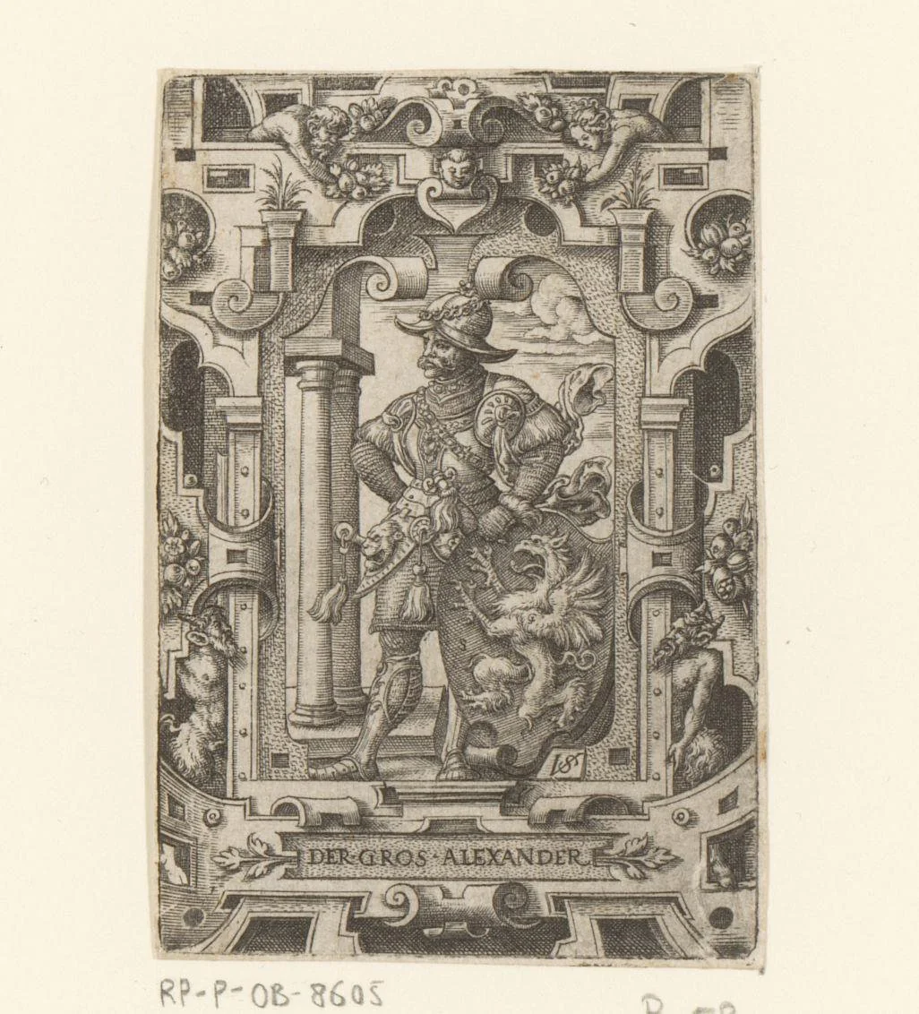Alexander de Grote met wapenschild in rolwerk omlijsting by Unknown, print, 1524-1562