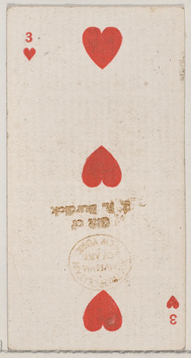 Three Hearts (red), from the Playing Cards series (N84) for Duke brand cigarettes by W. Duke, Sons & Co., print, 1888