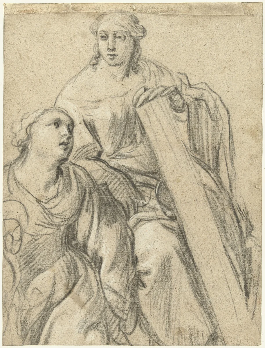 Twee vrouwenfiguren, zittend naar rechts by Simon Vouet, drawing, 1600-1659