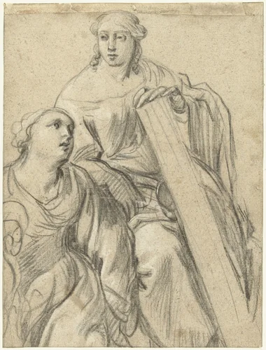 Twee vrouwenfiguren, zittend naar rechts by Simon Vouet, drawing, 1600-1659