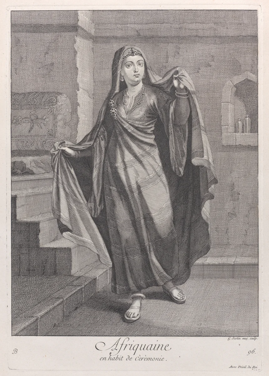 Afriquaine, en habit de Cèrèmonie, plate 96 from "Recueil de cent estampes représentent differentes nations du Levant" by Jean Baptiste Vanmour, print, 1714-1715
