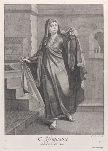 Afriquaine, en habit de Cèrèmonie, plate 96 from "Recueil de cent estampes représentent differentes nations du Levant" by Jean Baptiste Vanmour, print, 1714-1715
