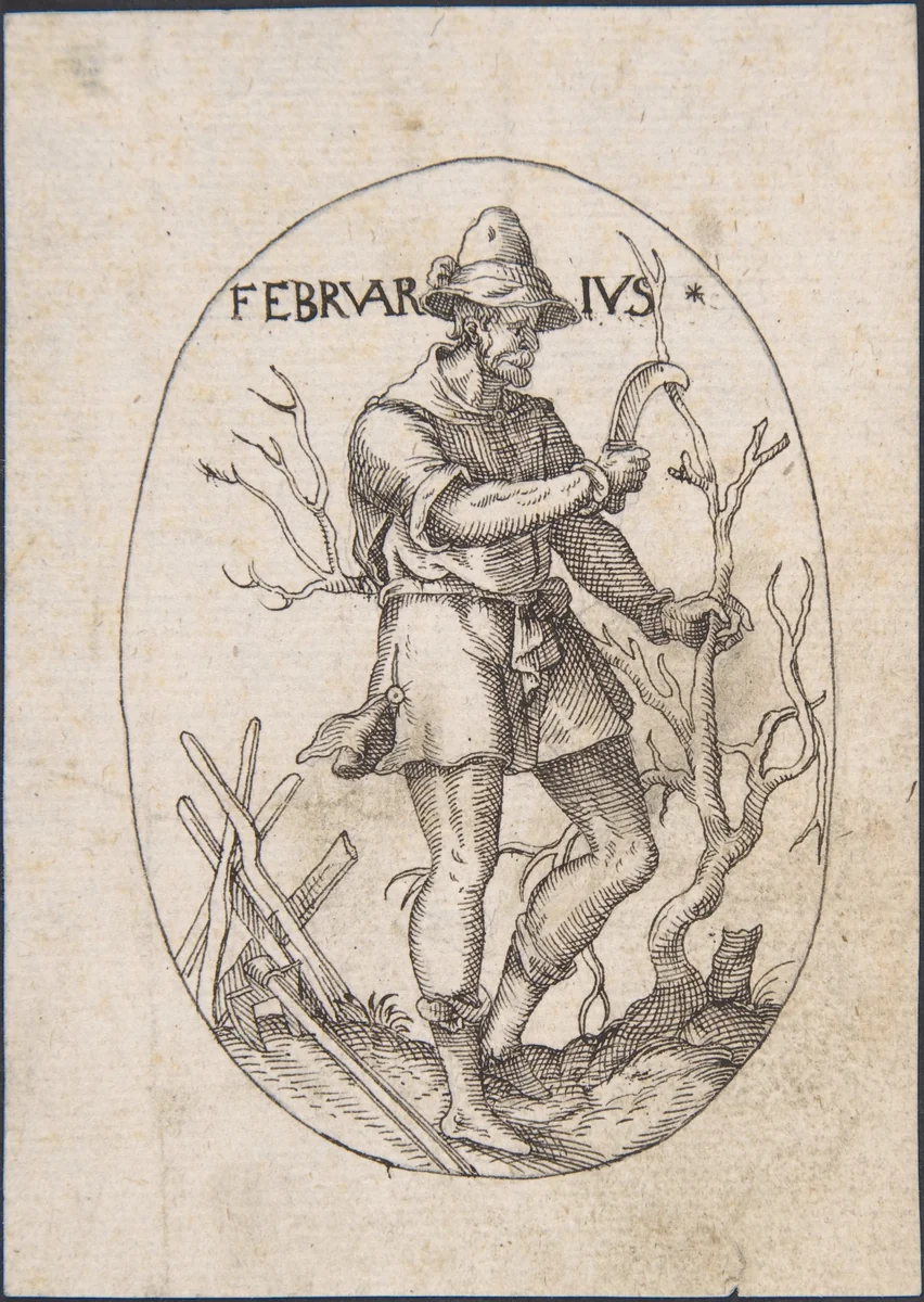 The Month of February: Man Pruning a Tree by Erasmus Hornick, drawing, 1500-1583