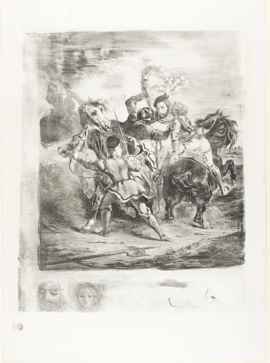 Weislingen Attacked by Goetz's Men by Eugène Delacroix, print, 1836