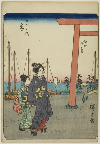 Miya, from the series "Fifty-three Stations [of the Tokaido] (Gojusan tsugi)," also known as the Figure Tokaido (Jinbutsu Tokaido) by Utagawa Hiroshige (歌川広重), print, 1852