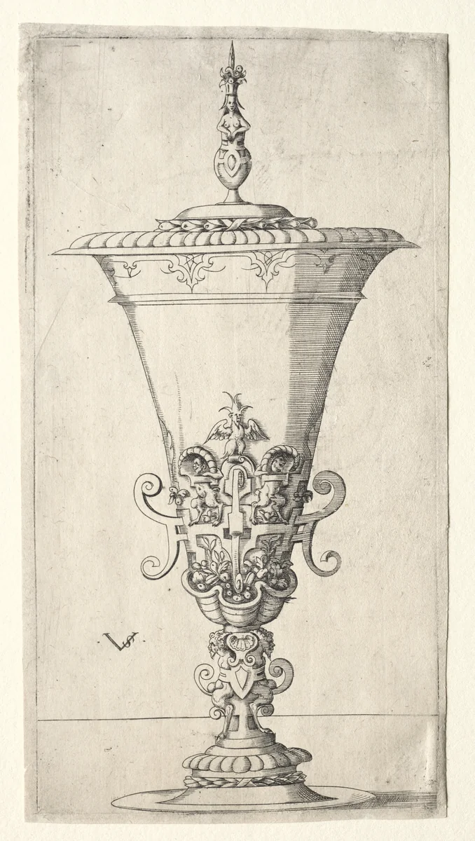 Covered Cup with Satyrs by Virgilius Solis, print, 1530-1562