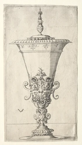 Covered Cup with Satyrs by Virgilius Solis, print, 1530-1562