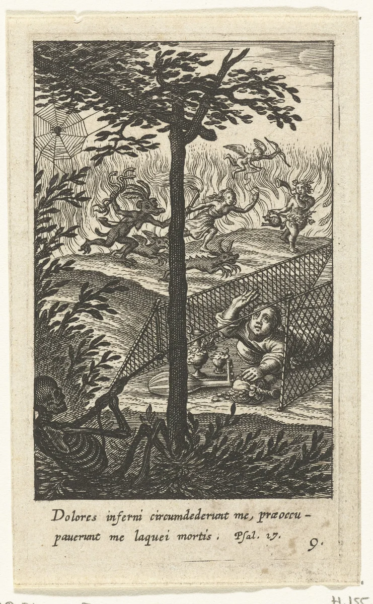 Kind met geld en muziekinstrument gevangen in de val van de Dood by Boëtius Adamsz. Bolswert, print, 1590-1624