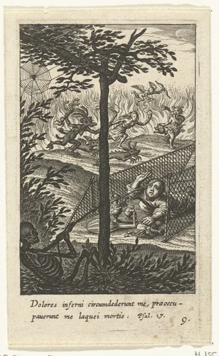 Kind met geld en muziekinstrument gevangen in de val van de Dood by Boëtius Adamsz. Bolswert, print, 1590-1624