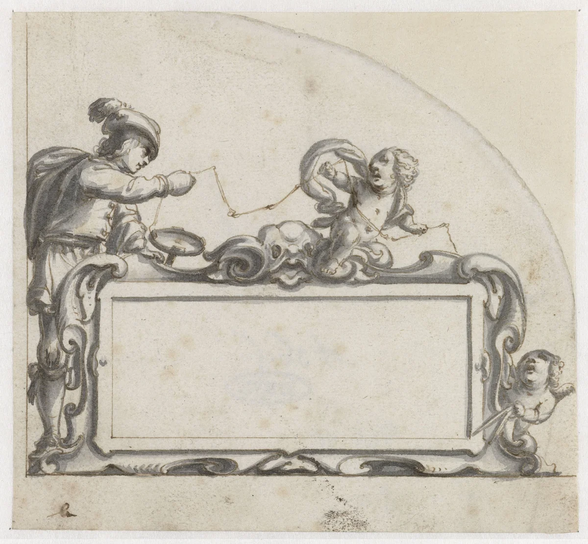 Cartouche omgeven door een man en twee putti by Pieter Jansz, drawing, 1657-1662