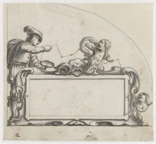Cartouche omgeven door een man en twee putti by Pieter Jansz, drawing, 1657-1662