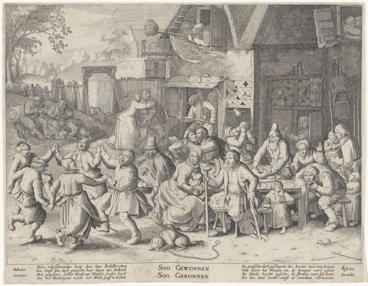 Brassende bedelaars by Pieter Serwouters, print, 1608-1652