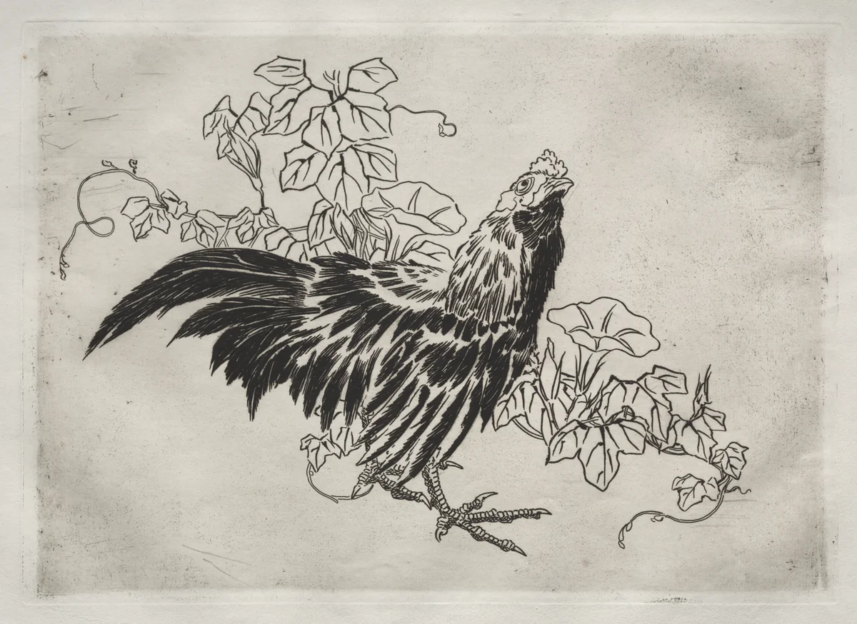 Dinner Service (Rousseau service): Rooster and morning glories (no. 25) by Félix Bracquemond, print, 1866