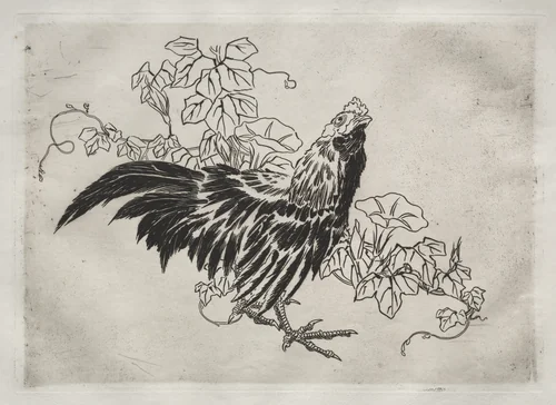 Dinner Service (Rousseau service): Rooster and morning glories (no. 25) by Félix Bracquemond, print, 1866