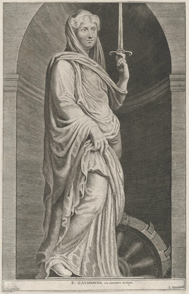Saint Catherine, within a niche by Lucas Vorsterman, print, 1615-1675