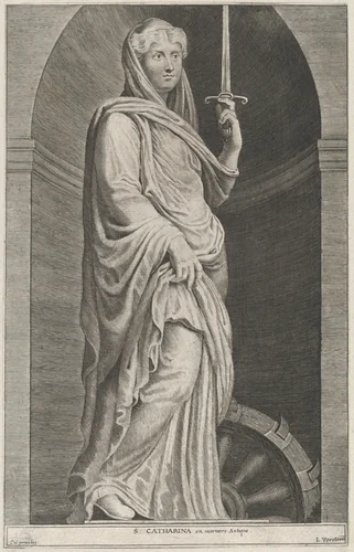 Saint Catherine, within a niche by Lucas Vorsterman, print, 1615-1675
