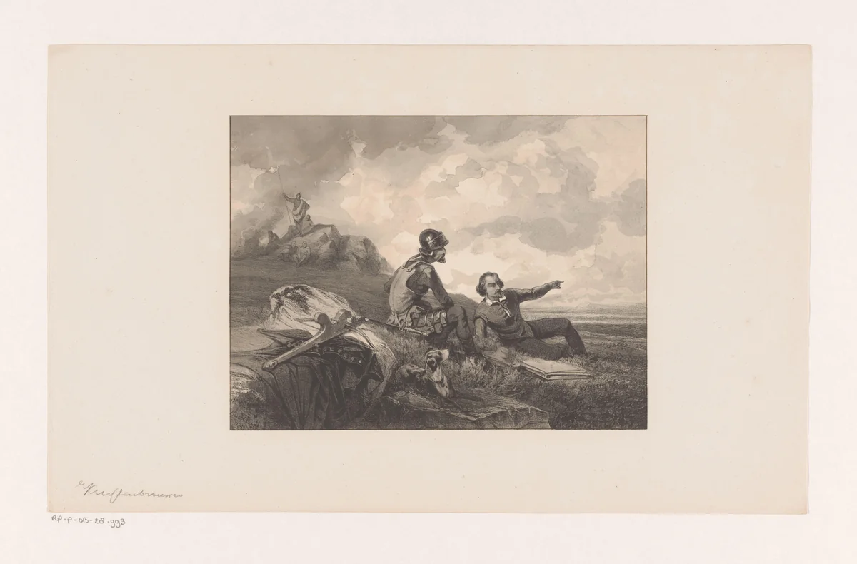 Soldaat en burgerman in een landschap by Martinus Antonius Kuytenbrouwer jr., print, 1848