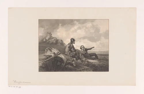 Soldaat en burgerman in een landschap by Martinus Antonius Kuytenbrouwer jr., print, 1848