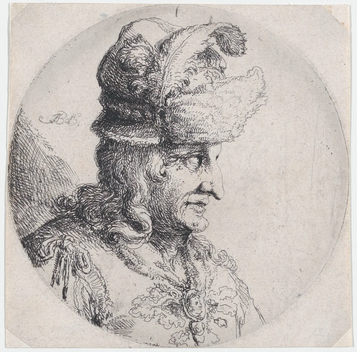 Portrait of a Man with a Large Feather in His Hat by Andries Both, print, 1622-1642