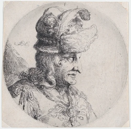 Portrait of a Man with a Large Feather in His Hat by Andries Both, print, 1622-1642