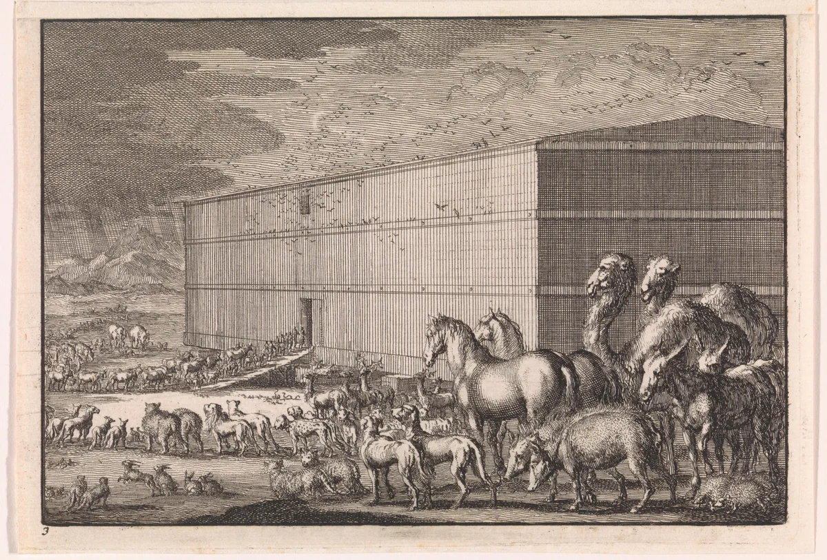 Noach laadt alle dieren in de ark by Jan Luyken, print, 1703