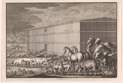 Noach laadt alle dieren in de ark by Jan Luyken, print, 1703