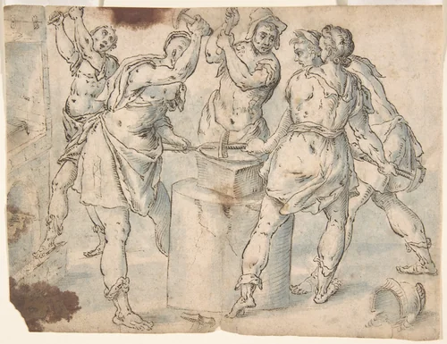 Five Men Around an Anvil, verso: Figures in a Wood (The Preaching of Saint John the Baptist?) by anonymous, drawing, 1500-1599