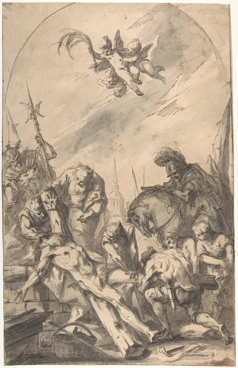 The Martyrdom of Saint Andrew (recto); Back of a Woman Wearing a Long Dress with a Ruff (verso) by Gaspare Diziani, drawing, 1689-1767