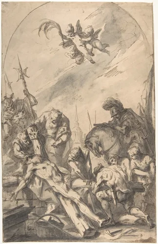 The Martyrdom of Saint Andrew (recto); Back of a Woman Wearing a Long Dress with a Ruff (verso) by Gaspare Diziani, drawing, 1689-1767