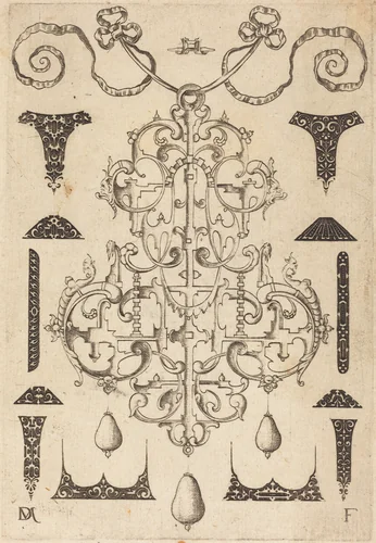 Large Pendant, Surrounded by Twelve Small Studs by Daniel Mignot, print, 1593