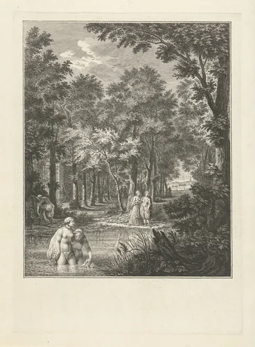 De badende juffers bespied by Simon Fokke, print, 1722-1784