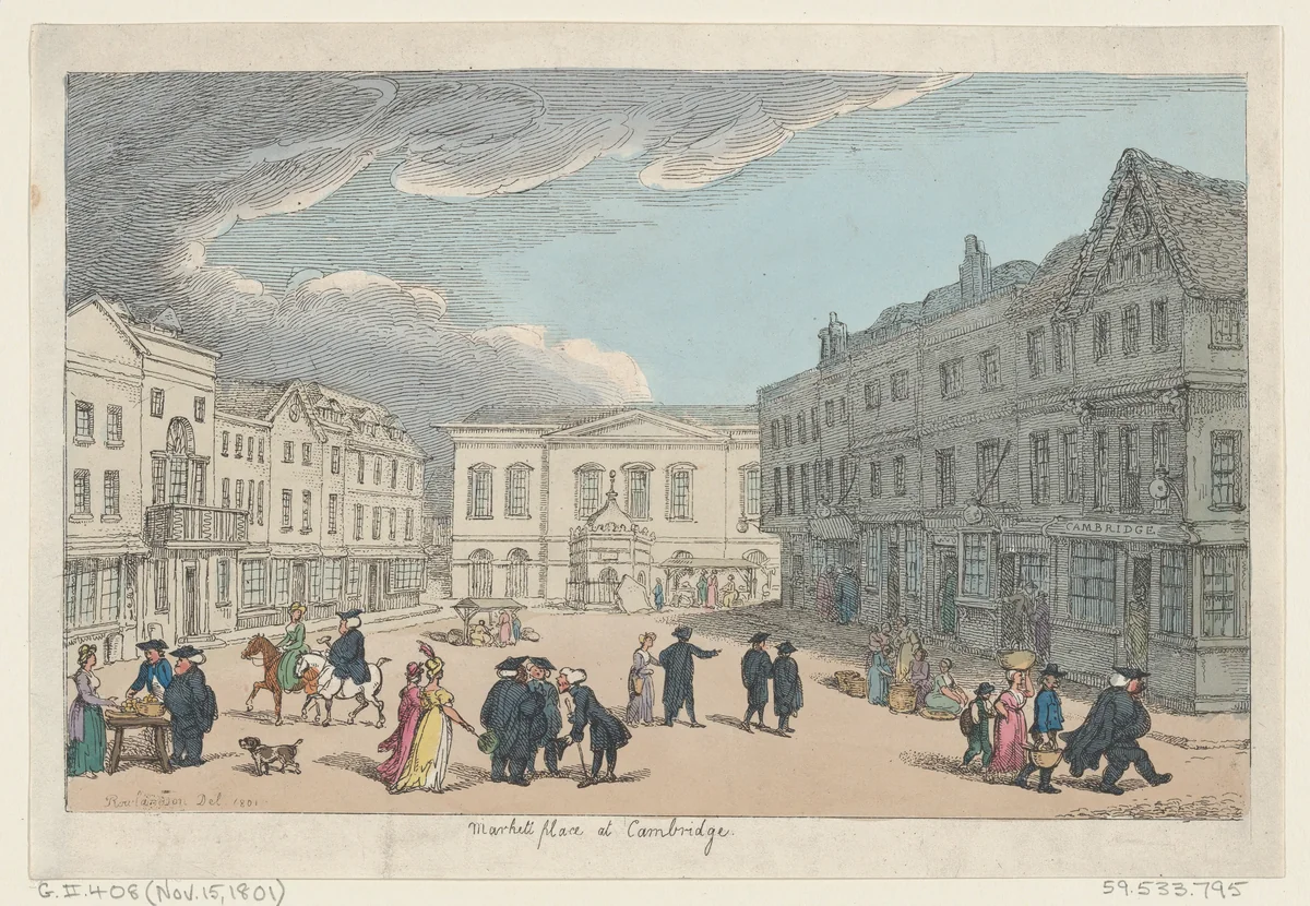 Market Place at Cambridge by Thomas Rowlandson, print, 1801