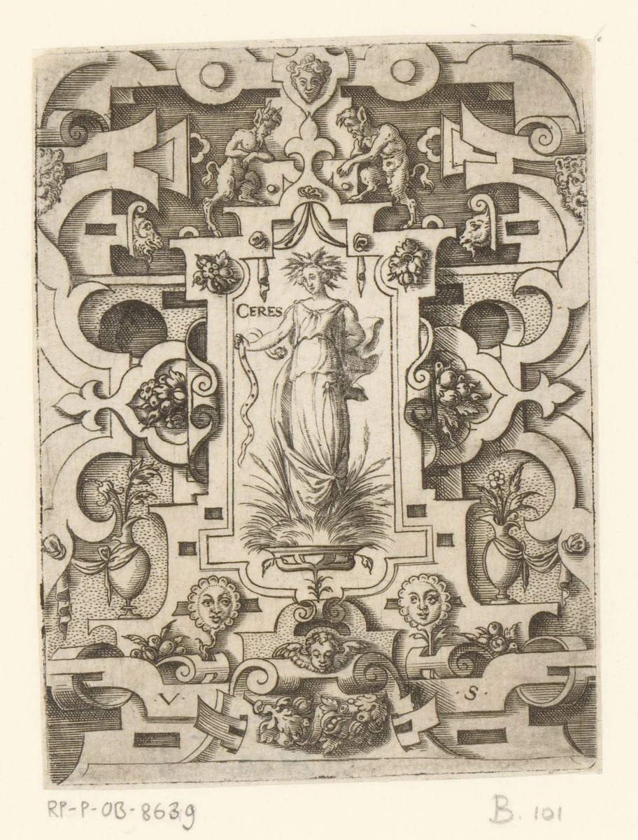 Ceres in een rolwerk omlijsting by Unknown, print, 1524-1562